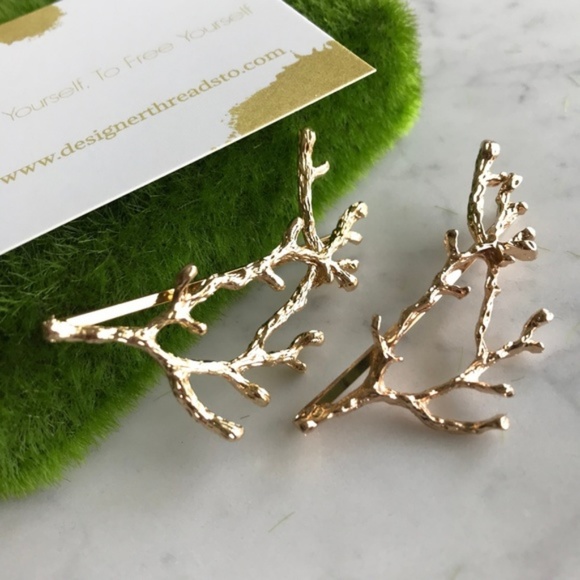 2 Gold Metal Natural Branch Barrettes - One Pair - Picture 3 of 6